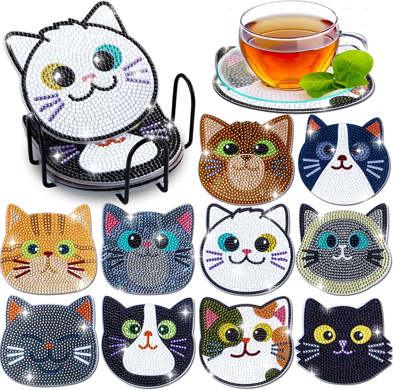 10PCs Diamond Painting Coasters Set – Cat Theme DIY Diamond Art Coasters for Kids & Adults, Arts & Crafts Kit, Perfect Gift for Valentine's Day